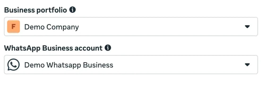 Het bedrijfsportfolio en het WhatsApp Business-account selecteren in het Meta-venster