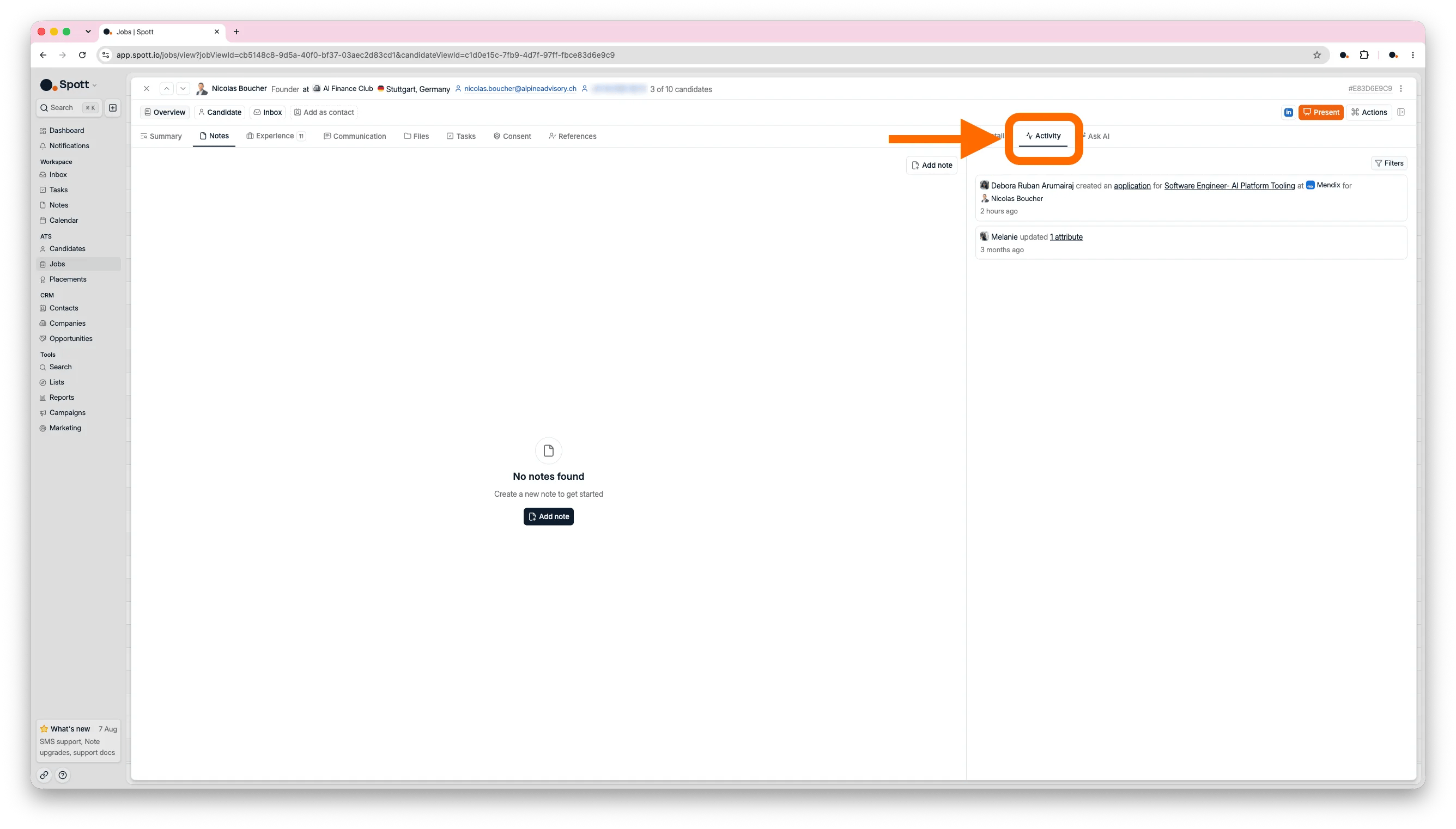 The Activity tab on an application, listing who changed what and when