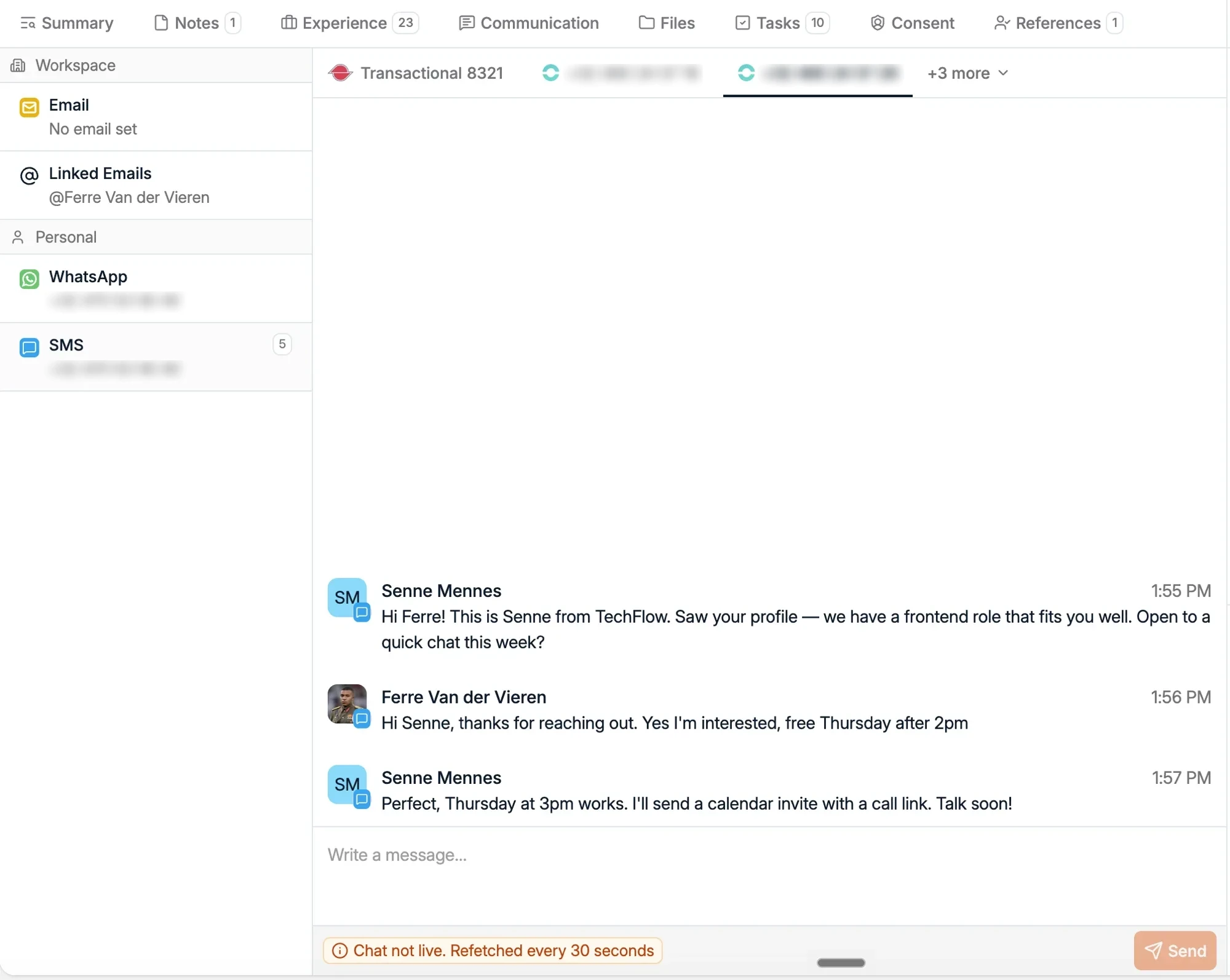 An SMS conversation on a candidate's Communication tab, with the number picker above the thread