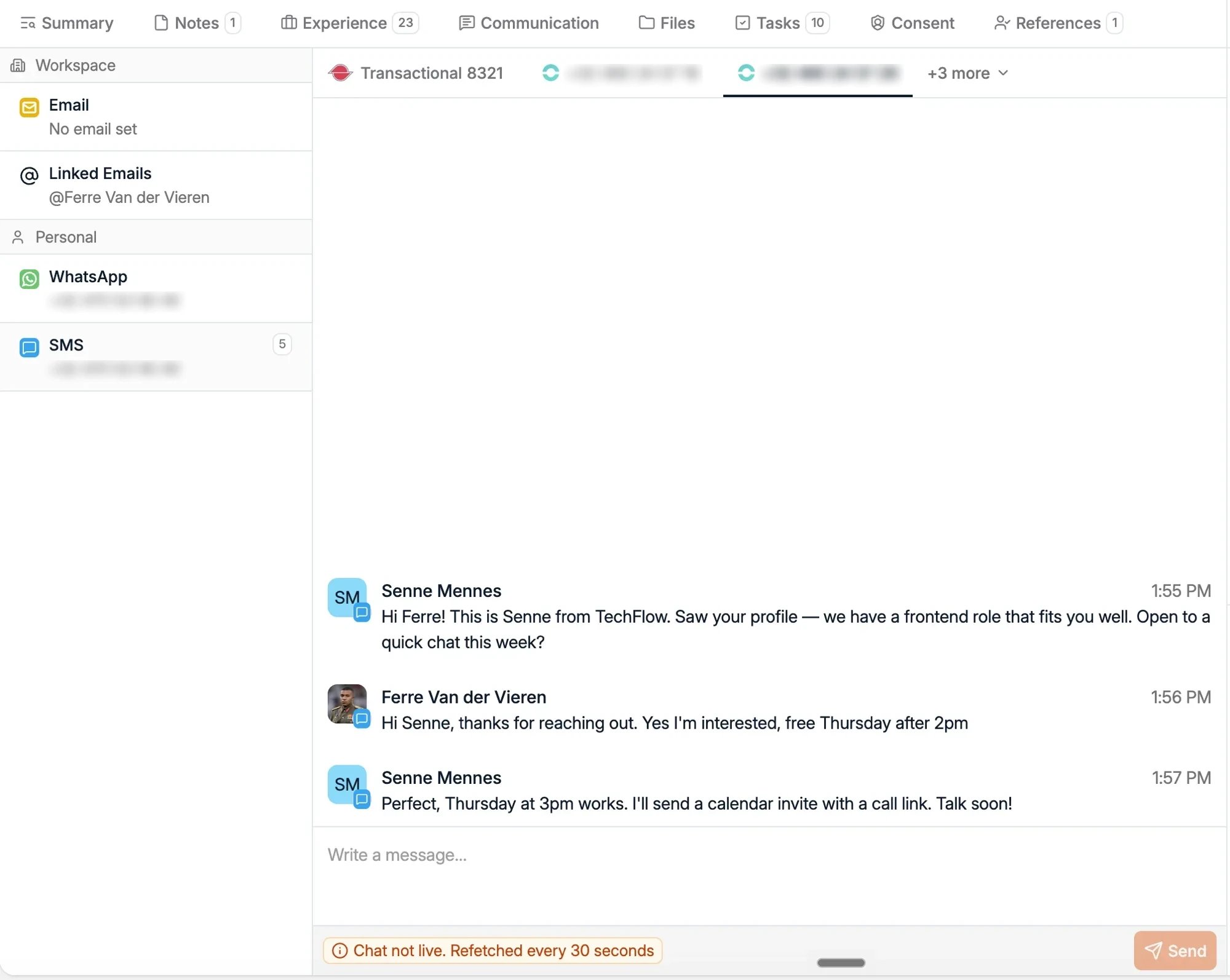 An SMS conversation on a candidate's Communication tab, with the number picker above the thread