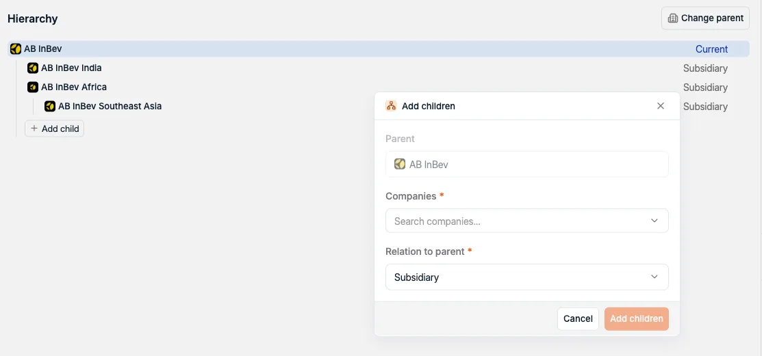 The Add children dialog with the parent prefilled, a company search, and a relation to parent field