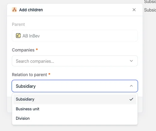 The Relation to parent dropdown with Subsidiary, Business unit, and Division