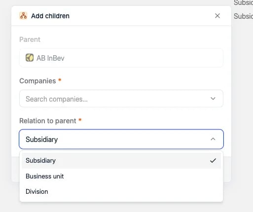 The Relation to parent dropdown with Subsidiary, Business unit, and Division