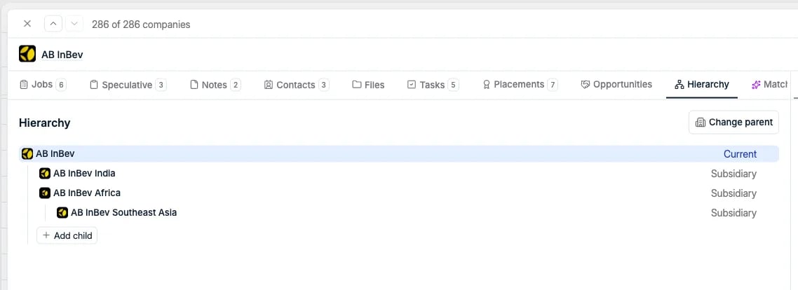 The Hierarchy tab showing a parent company with subsidiaries nested under it