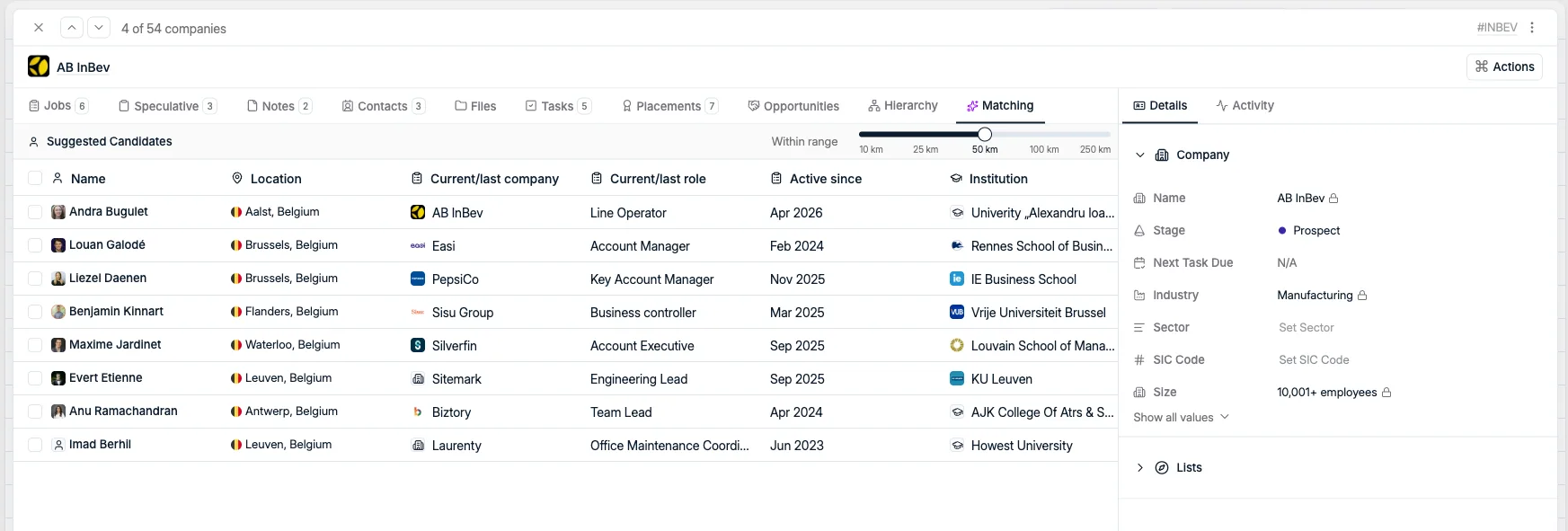 The Matching tab on a company record with the Within range slider and suggested candidates