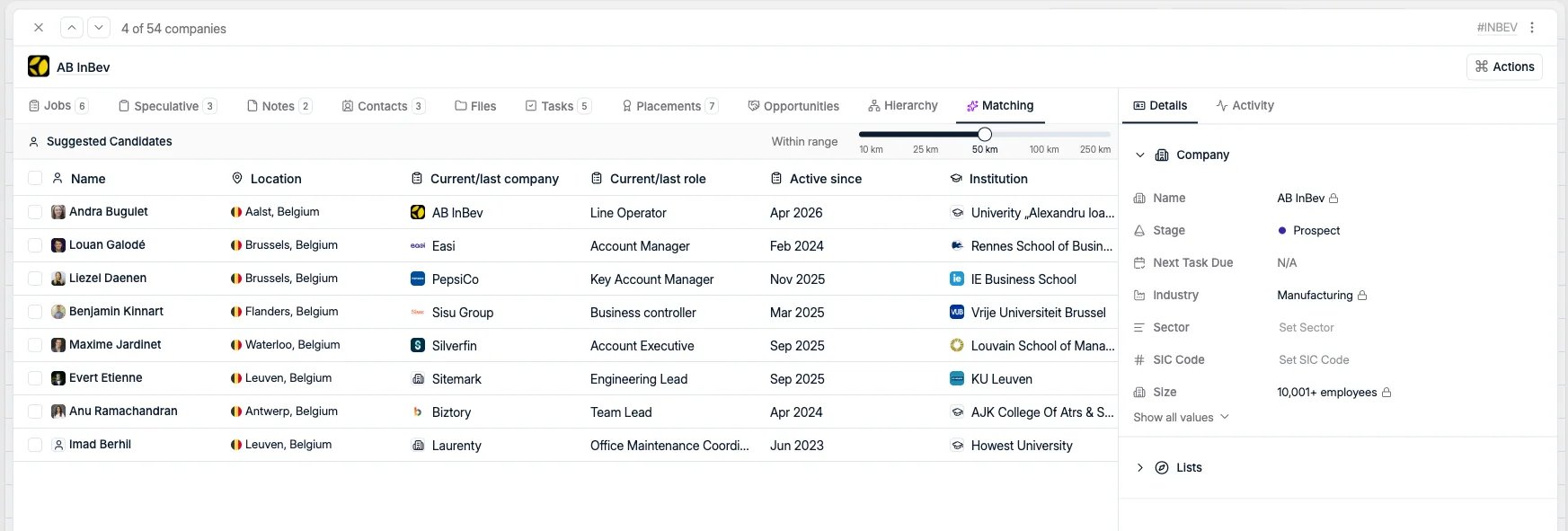 The Matching tab on a company record with the Within range slider and suggested candidates