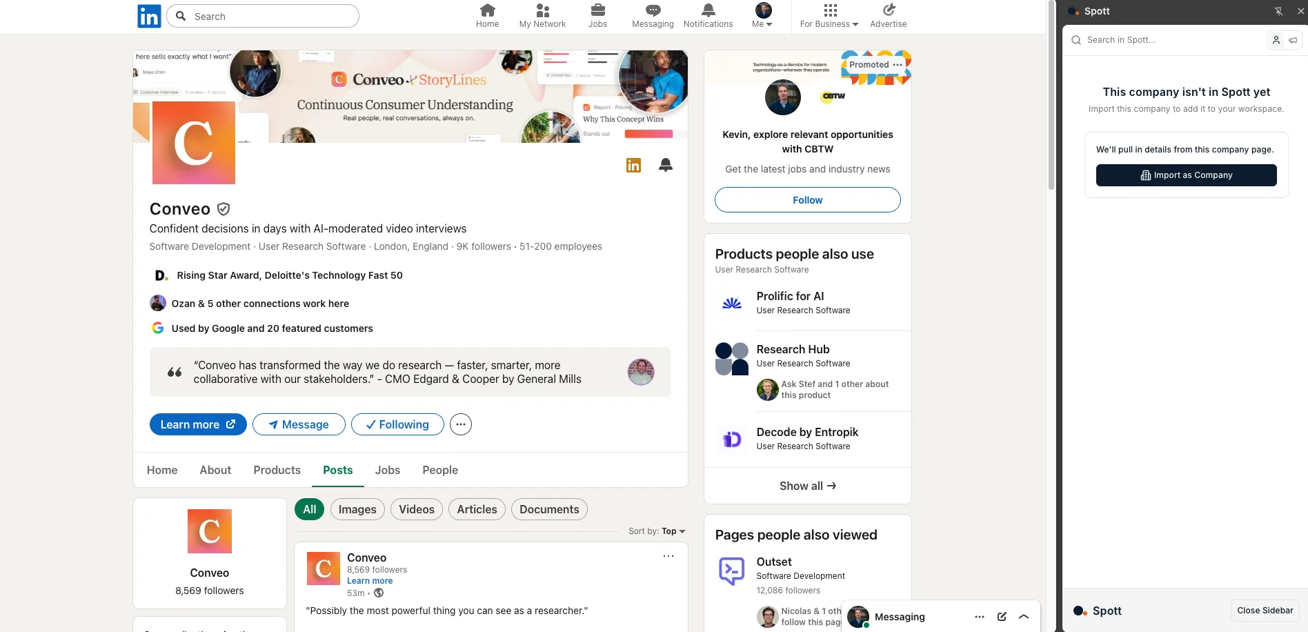 Le panneau de l'extension sur une page entreprise LinkedIn avec le bouton Import as Company