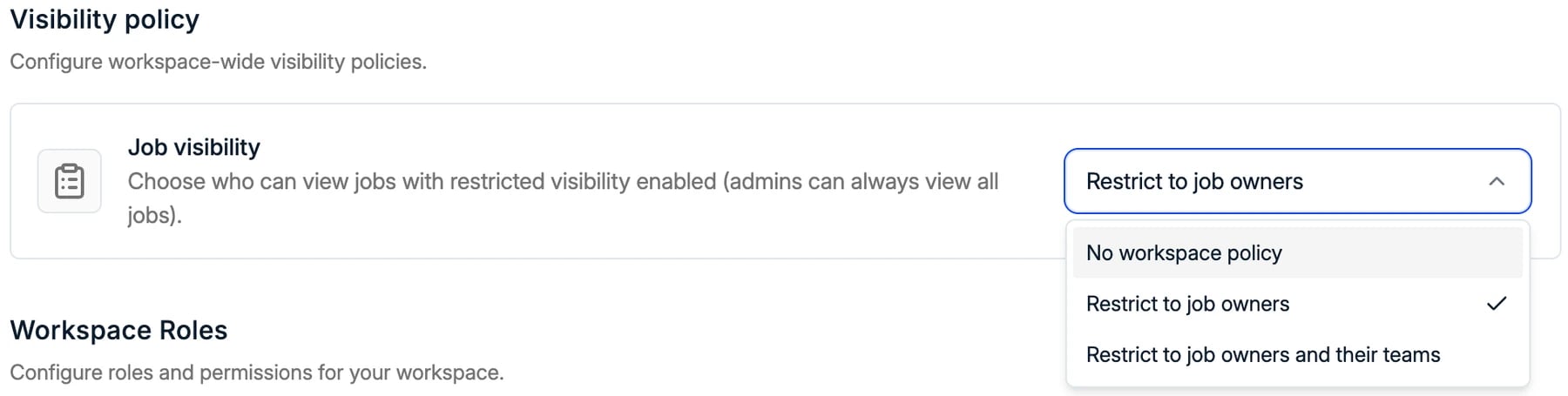 La política Job visibility en la página Security