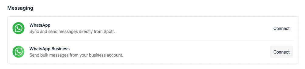 WhatsApp and WhatsApp Business, both under Messaging in Settings → Accounts