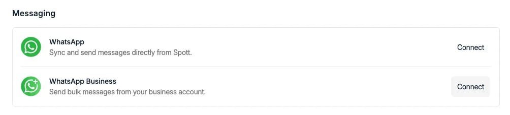 WhatsApp and WhatsApp Business, both under Messaging in Settings → Accounts