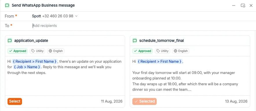 The Send WhatsApp Business message dialog, with the sending number and the approved templates to choose from