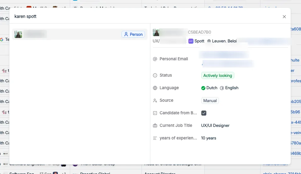 Global search matching a first name against a company name, with the matching person previewed on the right