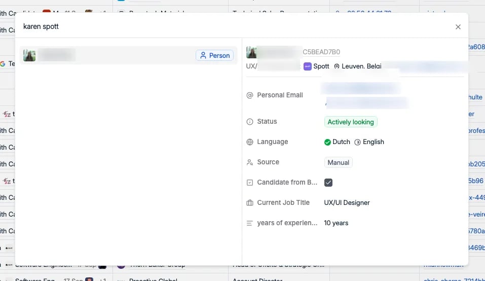Global search matching a first name against a company name, with the matching person previewed on the right