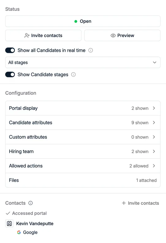 Das rechte Panel des Portals: Status, Veröffentlichungsschalter, die Gruppen unter Configuration und eingeladene Kontakte
