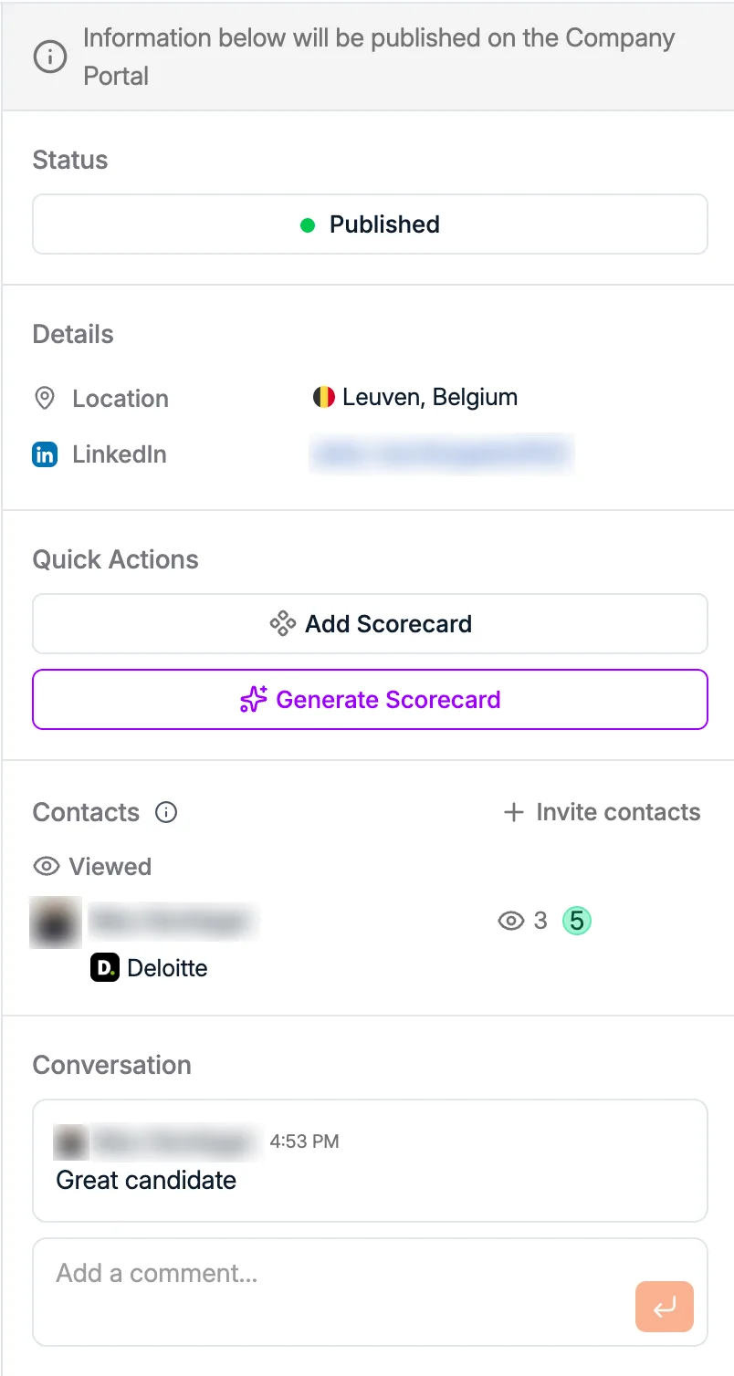 Das Detailpanel eines veröffentlichten Kandidaten, mit den Kundenkontakten, die das Profil aufgerufen haben, und wie oft