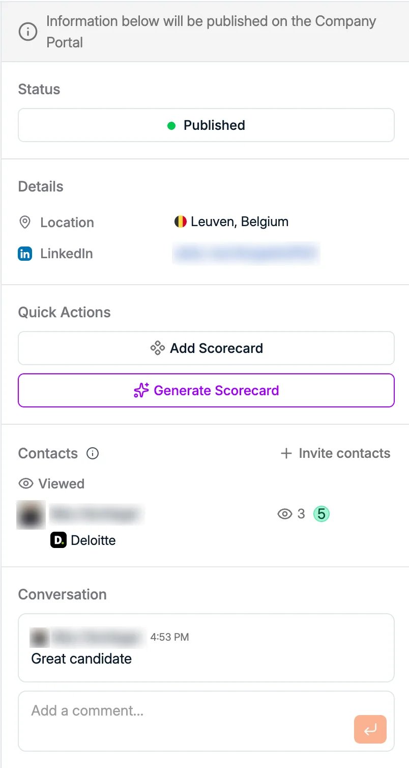 Het detailpaneel van een gepubliceerde kandidaat, met de contactpersonen van de klant die het profiel bekeken en hoe vaak