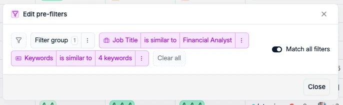 The Edit pre-filters dialog with a filter group
