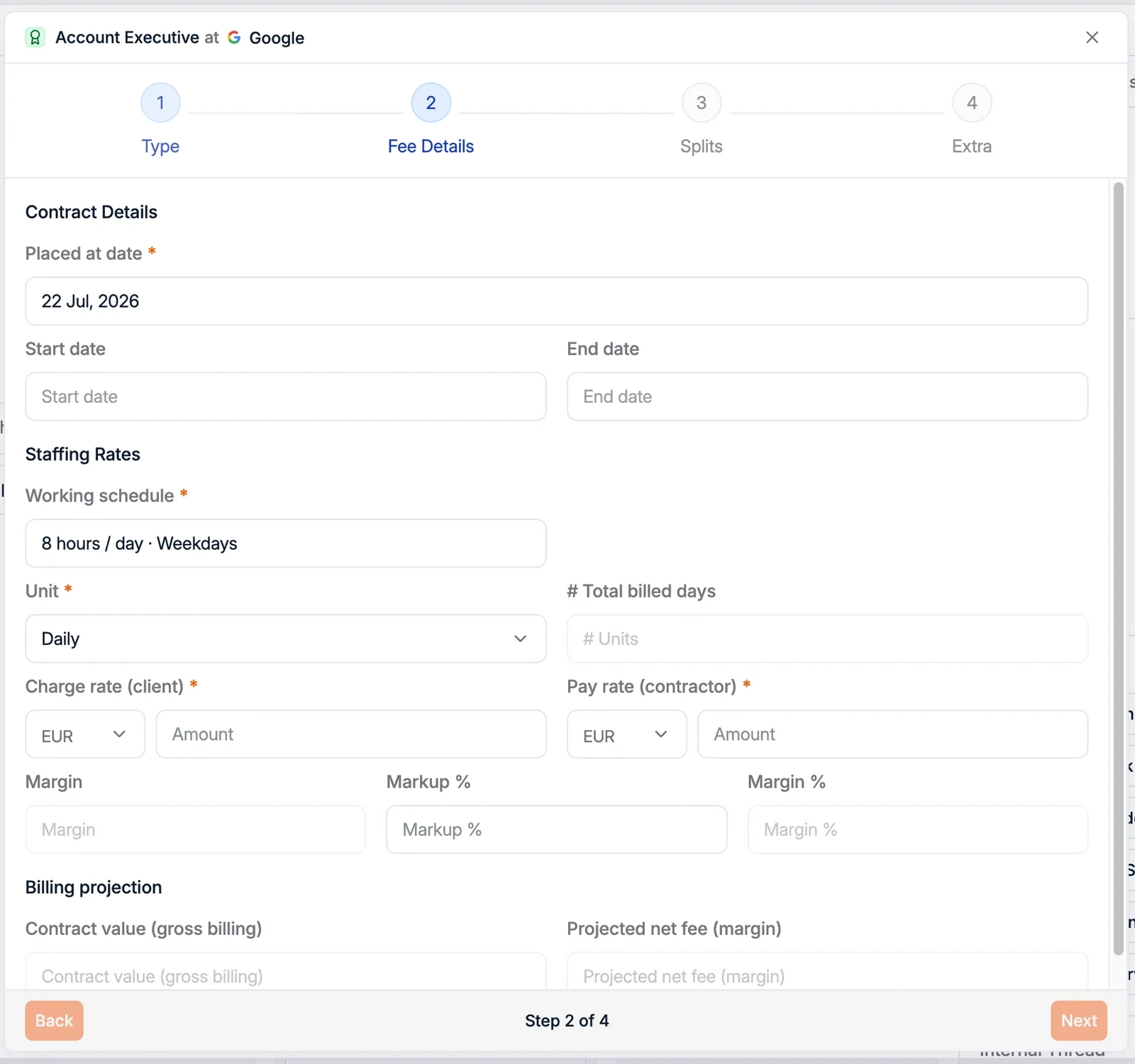 The placement fee-details step