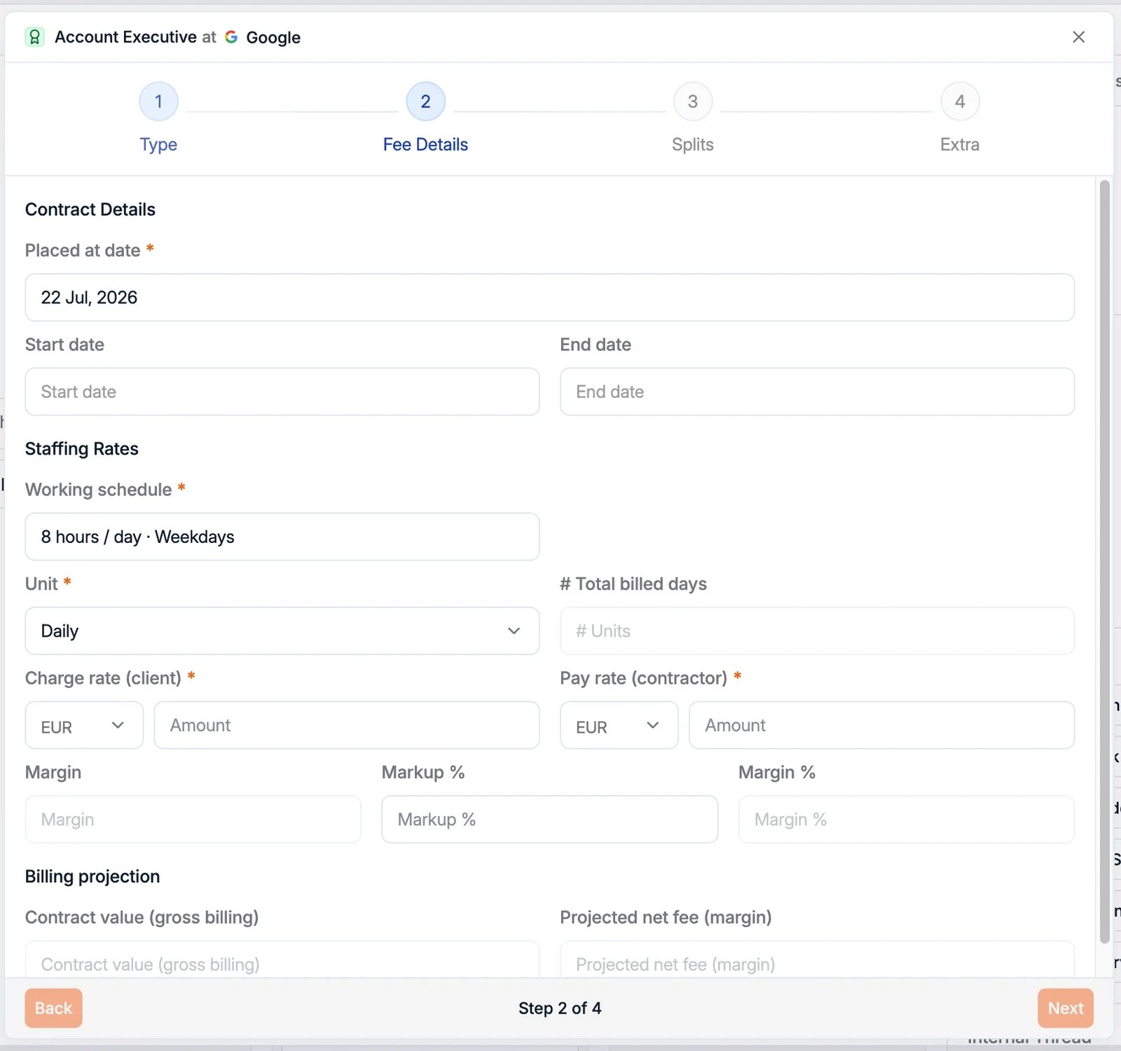 The placement fee-details step