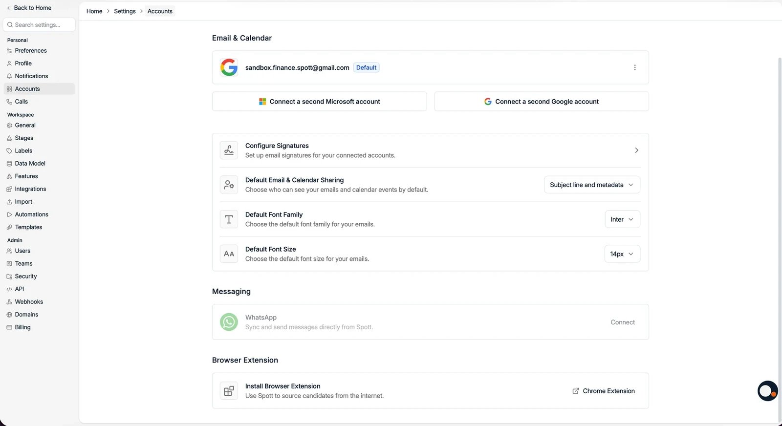 The Accounts page with a connected Google account
