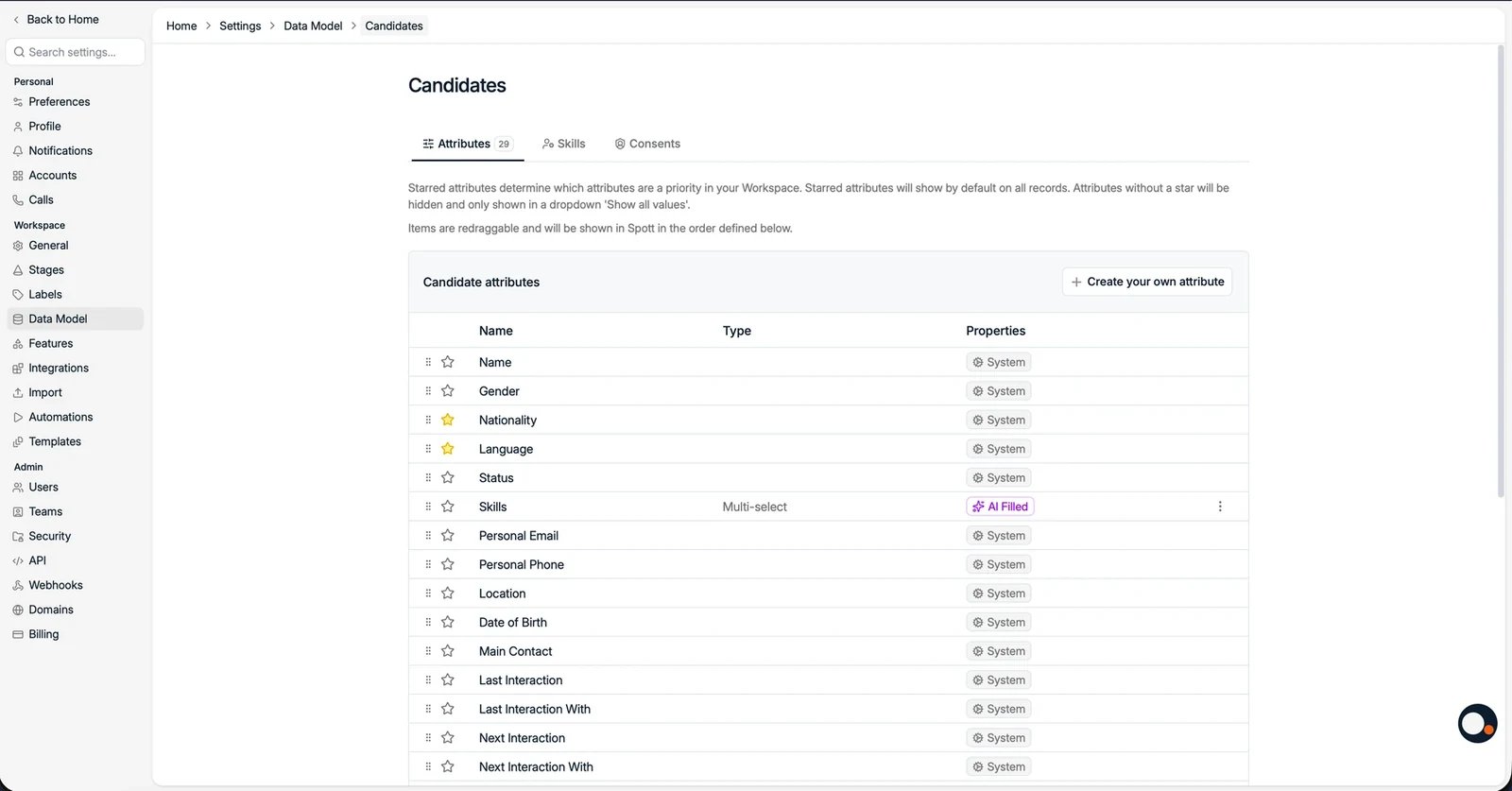 The candidate attributes list with system and AI-filled fields