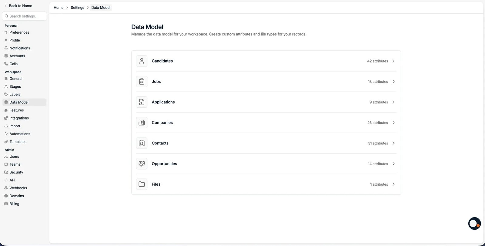 The Data Model settings with record types