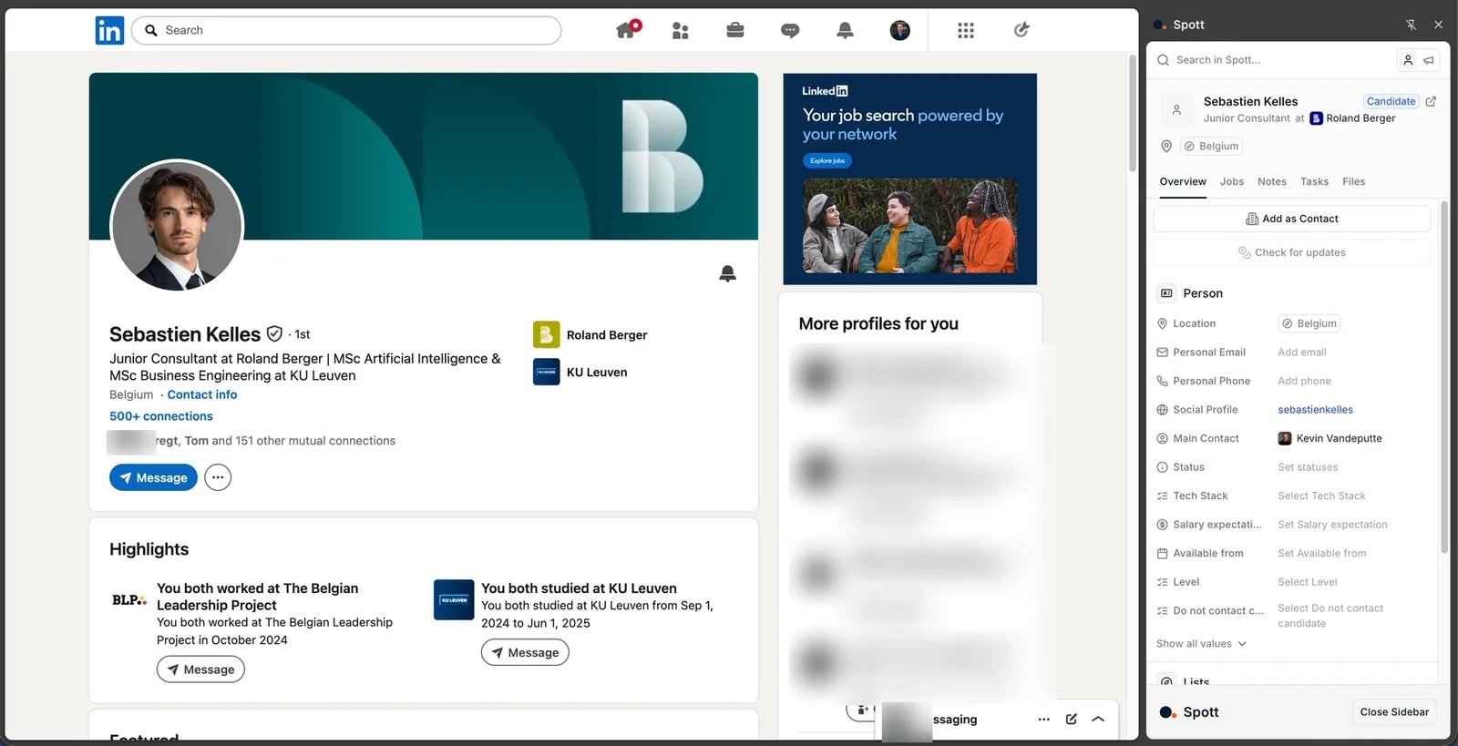 The Spott extension side panel on a LinkedIn profile