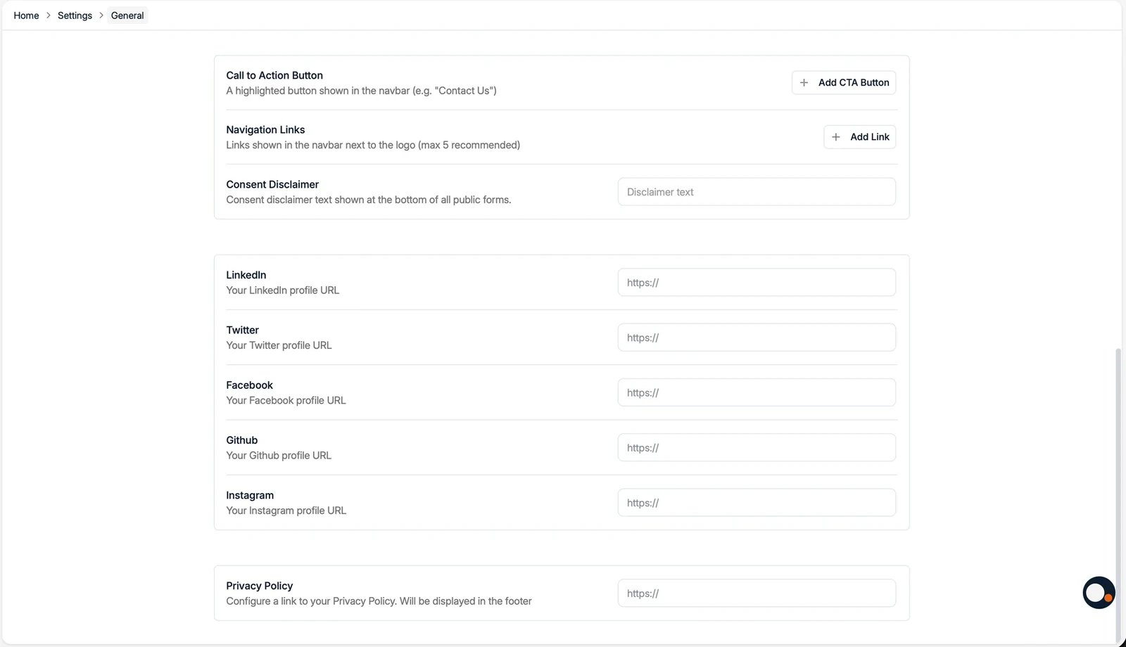 Public page navigation, consent disclaimer, and social links