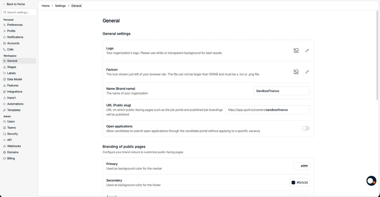 General settings with brand name, public slug, and open applications