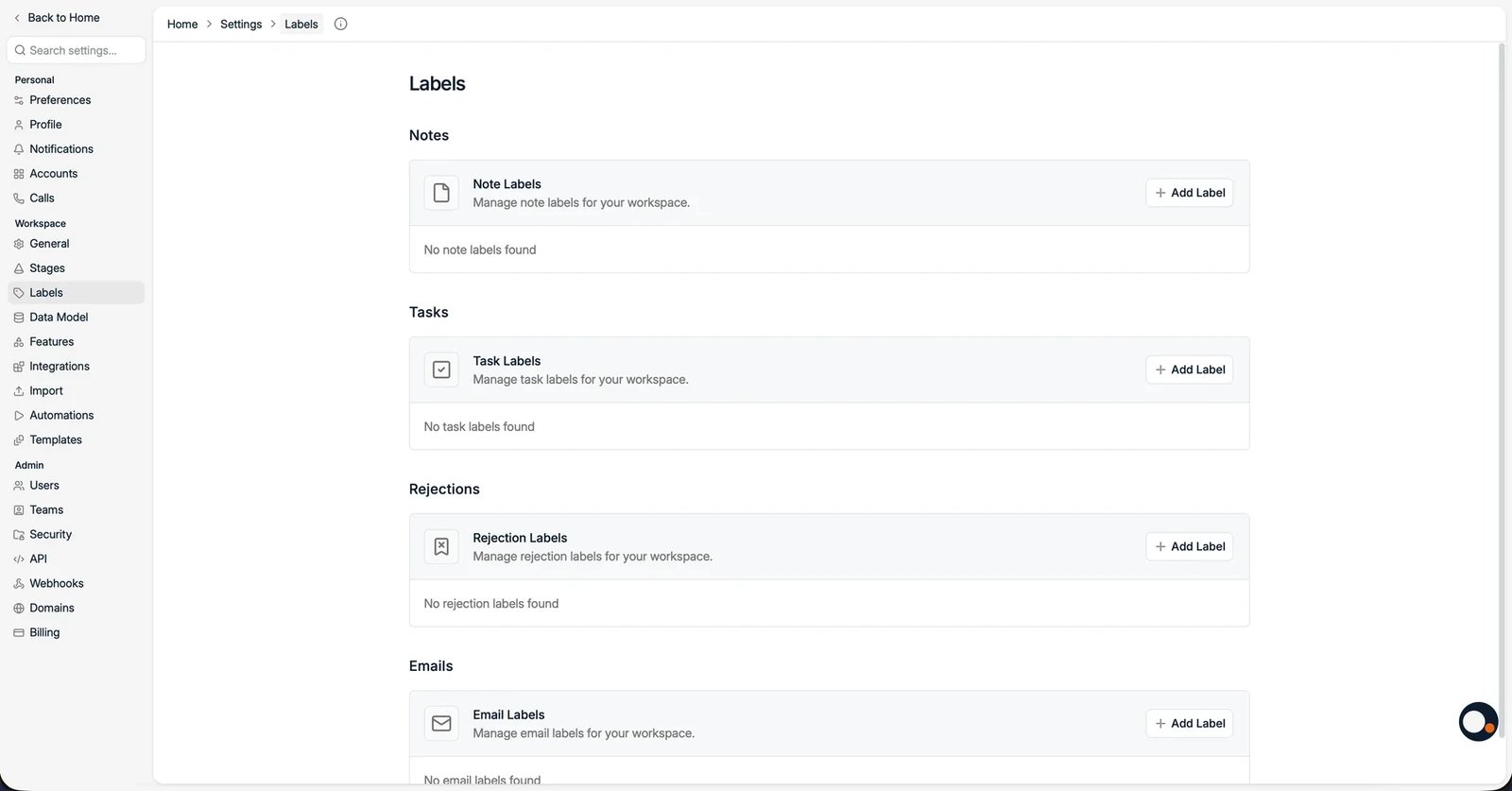 The Labels page with note, task, rejection, and email label groups
