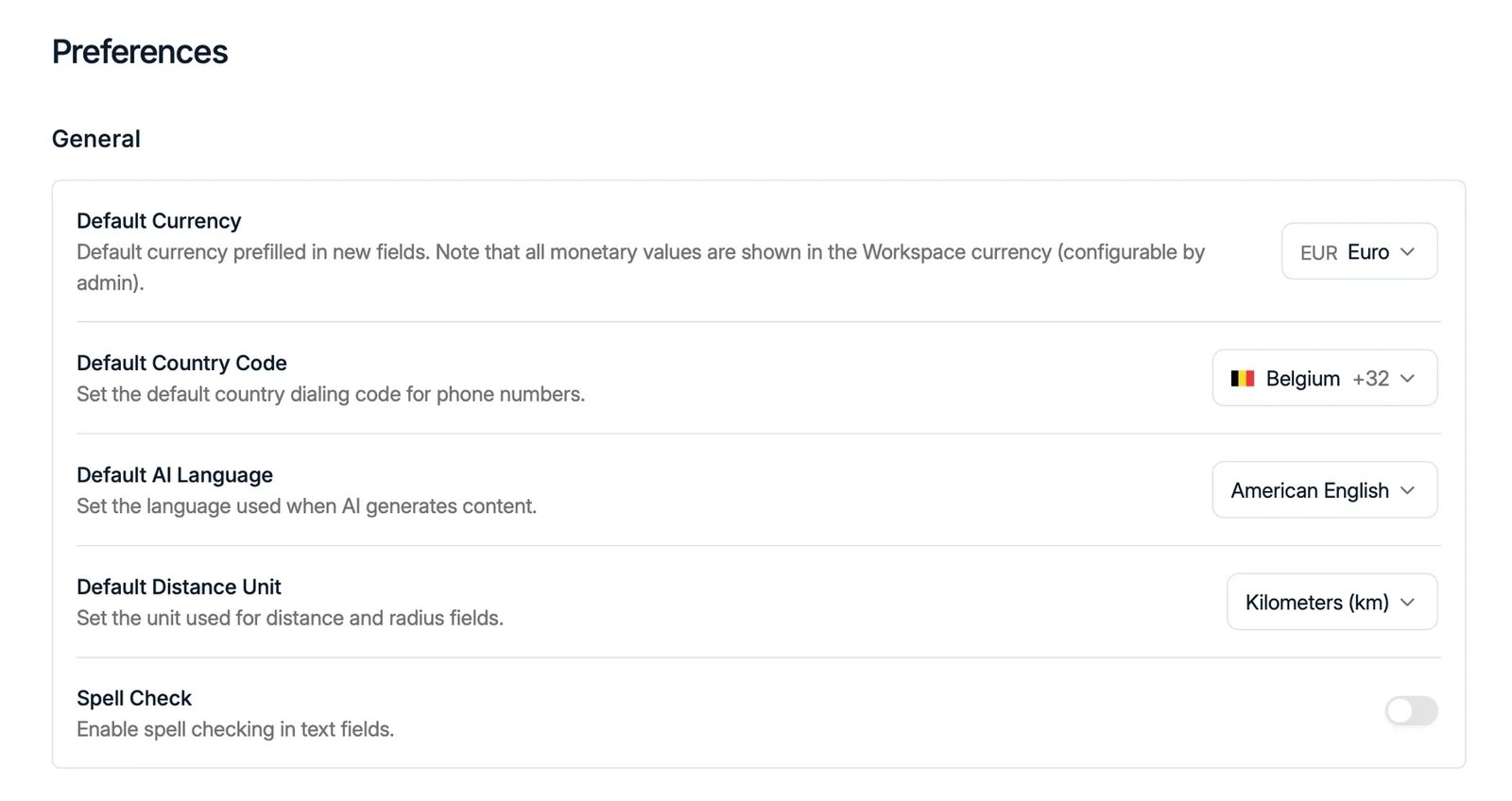 The General preferences with currency, country code, and language