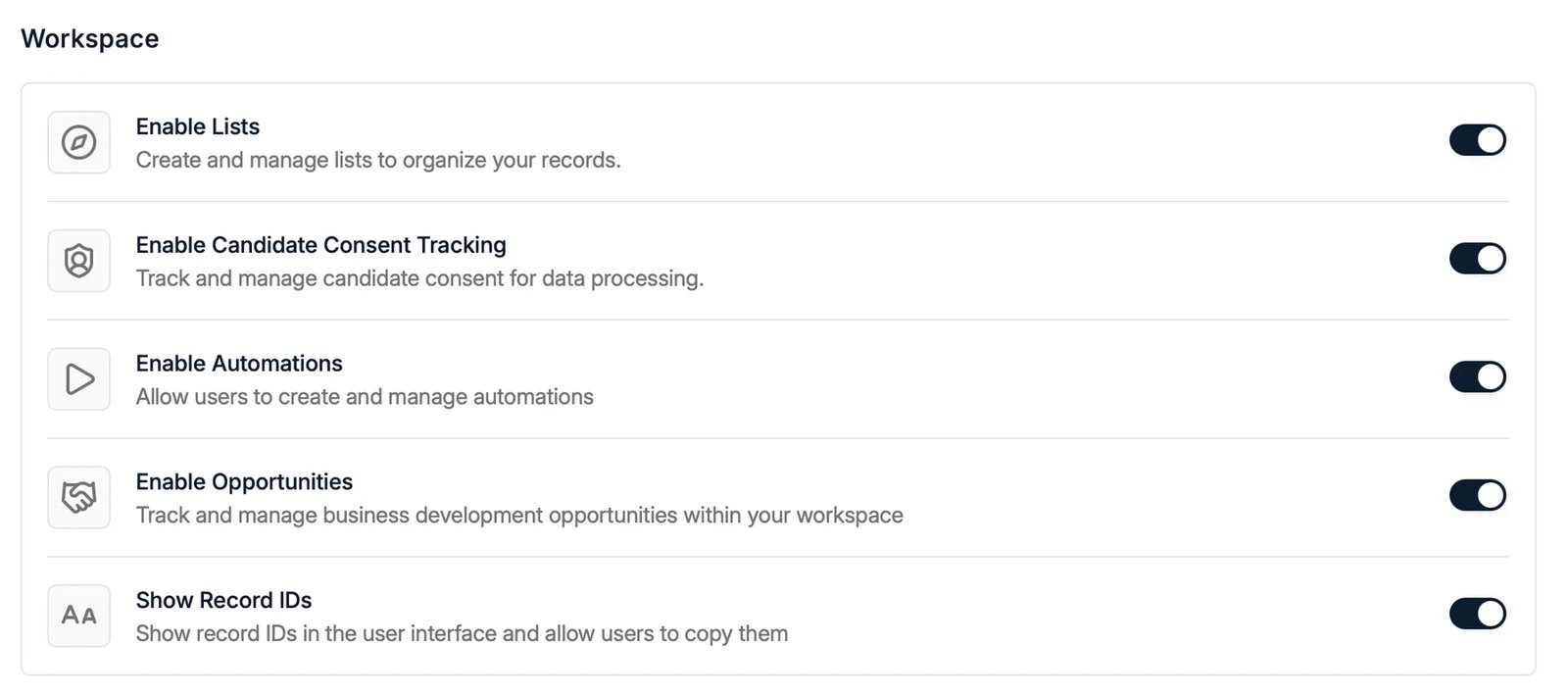 The Features page with workspace toggles