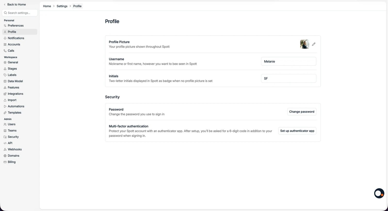 The Settings page with its sidebar sections