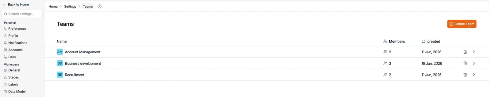 The Teams page