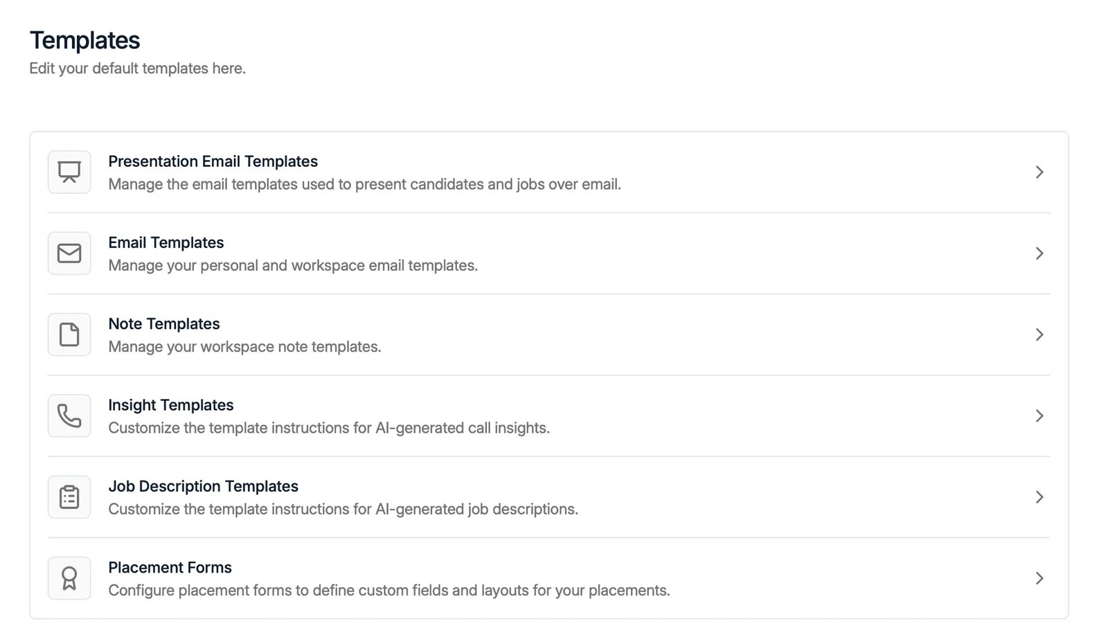 The Templates page with template categories