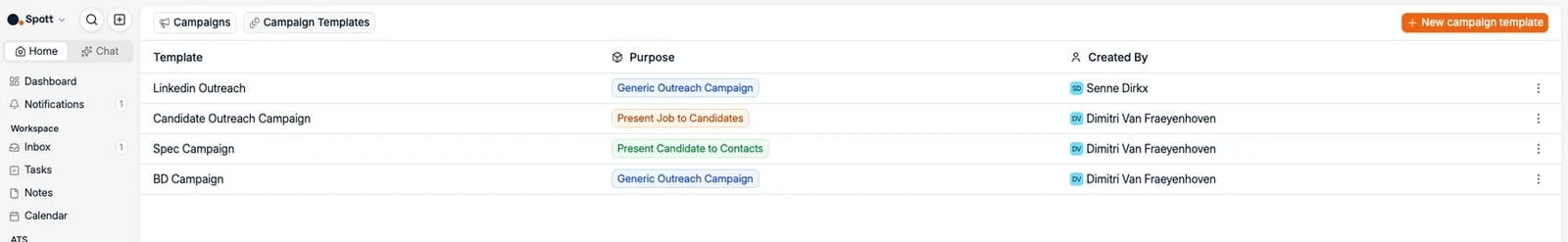 The Campaign Templates list with purposes and authors