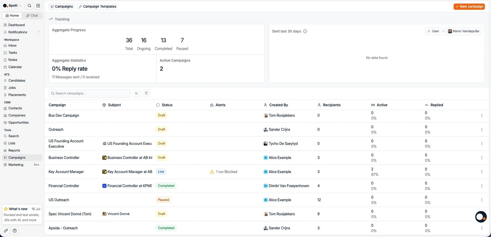 The Campaigns page with campaign list