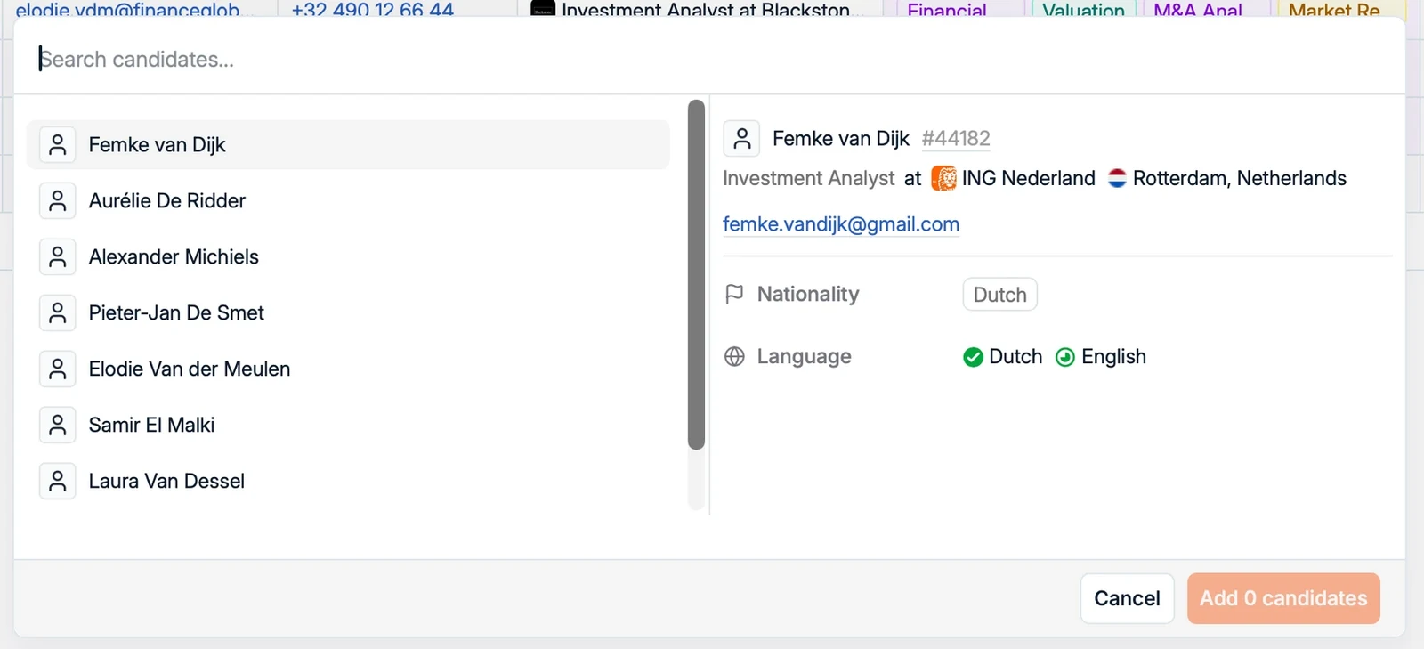 The Add candidates to list dialog