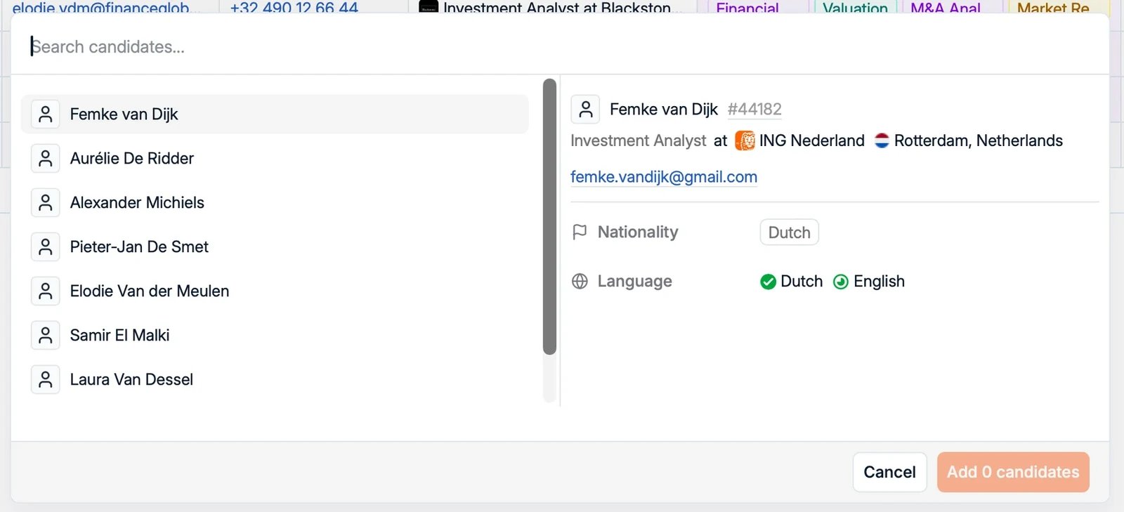 The Add candidates to list dialog