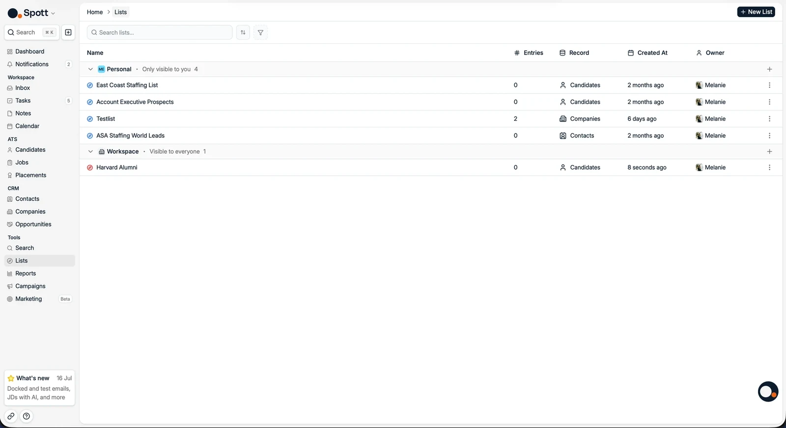 The Lists page with personal and workspace lists