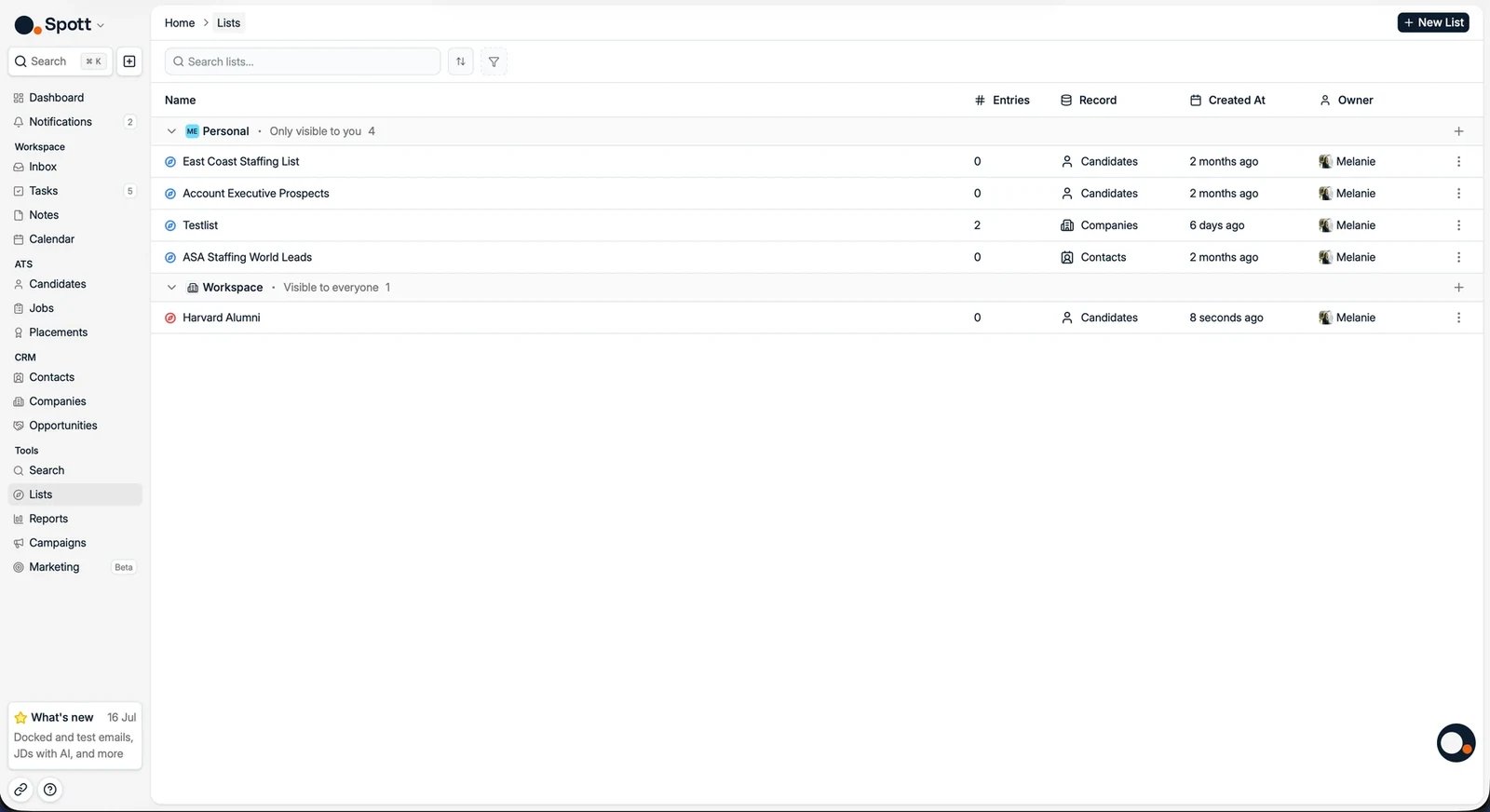 The Lists page with personal and workspace lists