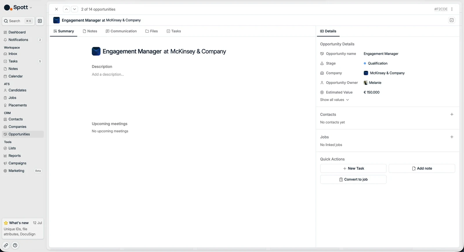 An opportunity record with details and quick actions