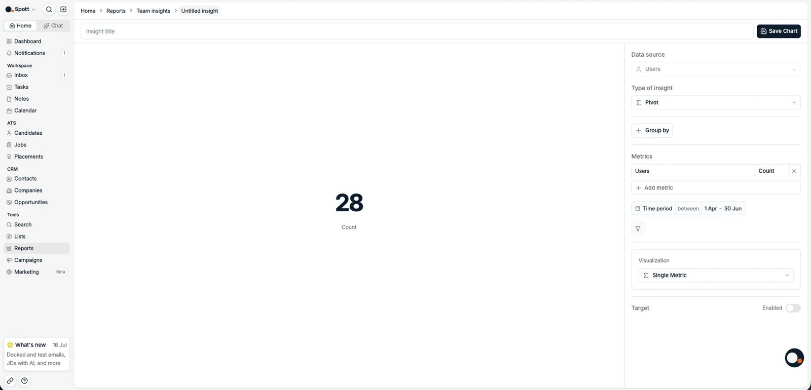 The insight builder with data source, insight type, metrics, and visualization