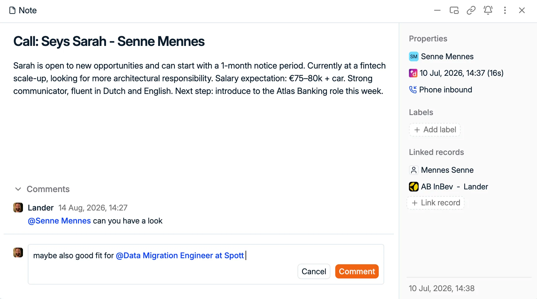 A comment thread on a call note, with an @mention