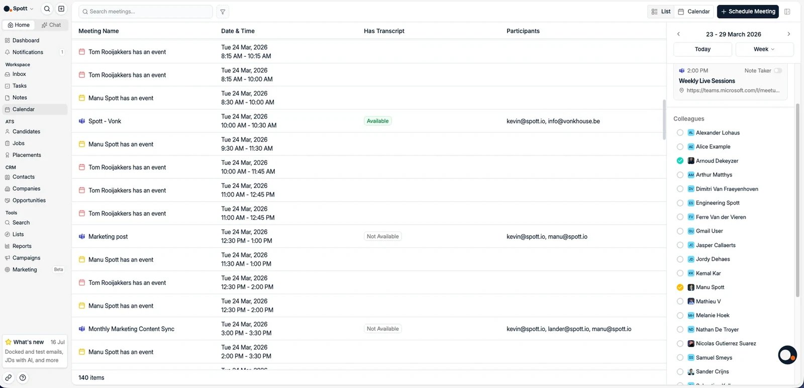The Calendar with teammates and upcoming meetings