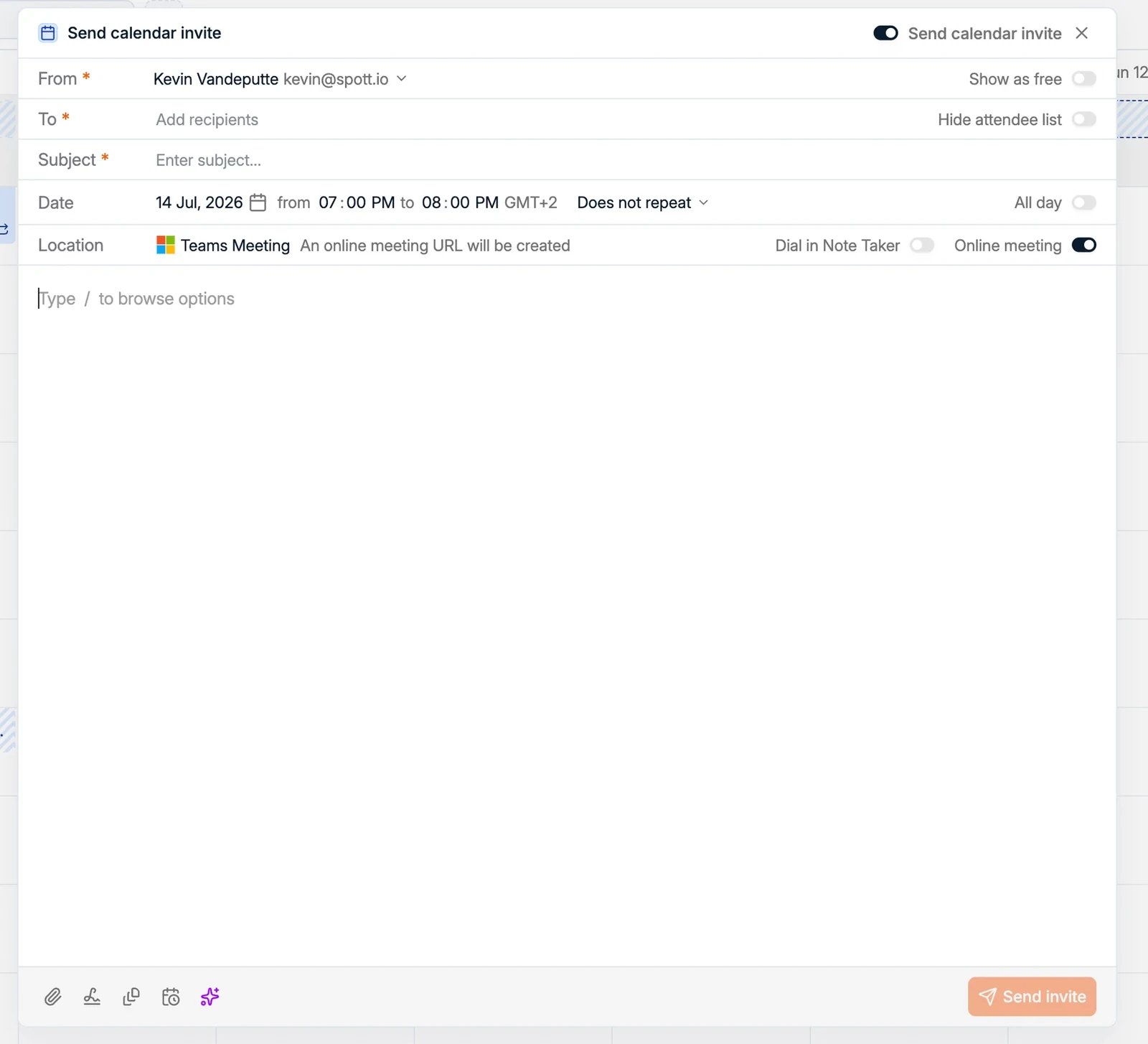 The meeting dialog with invite and online meeting toggles