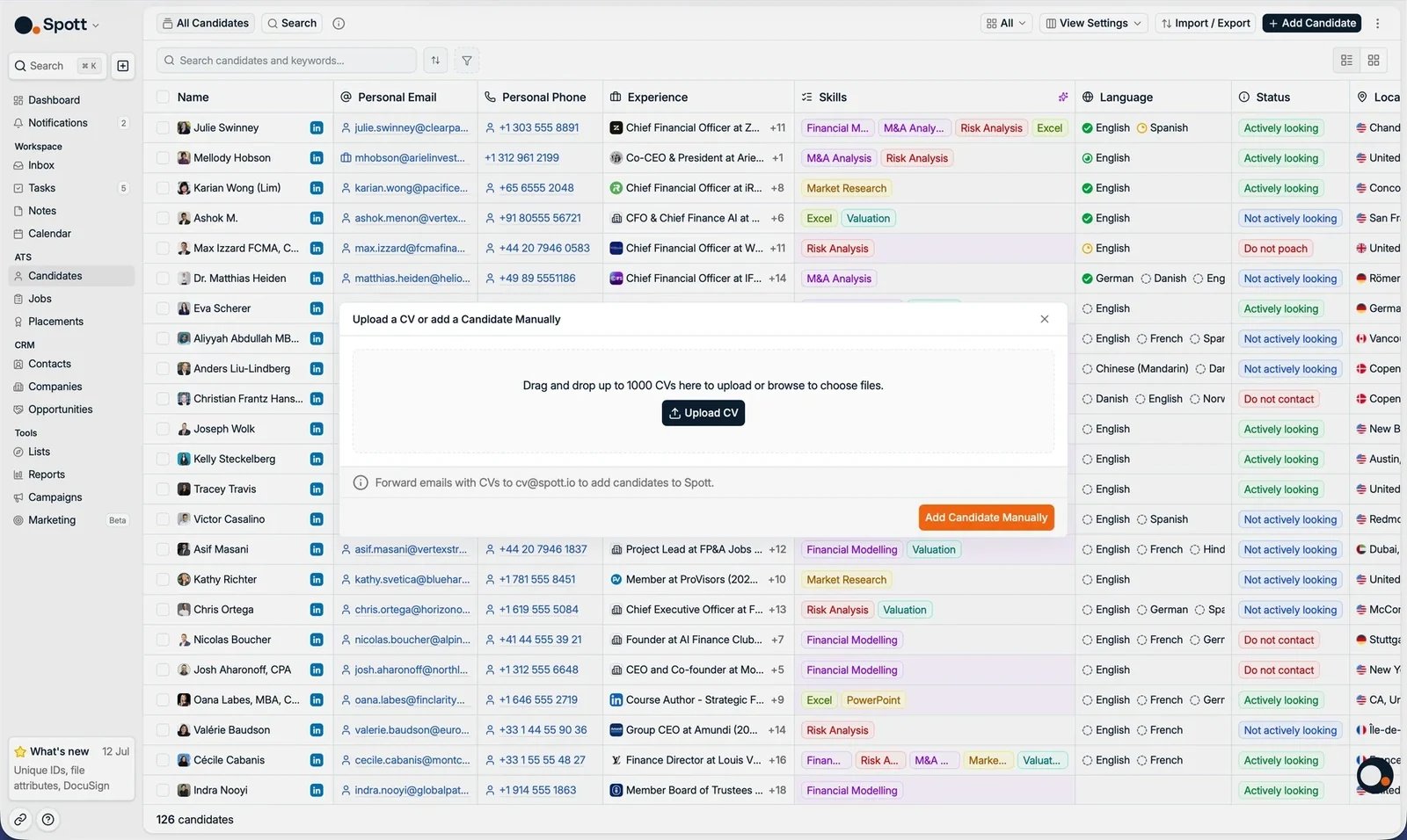 The Add Candidate dialog with CV upload, email option, and manual entry