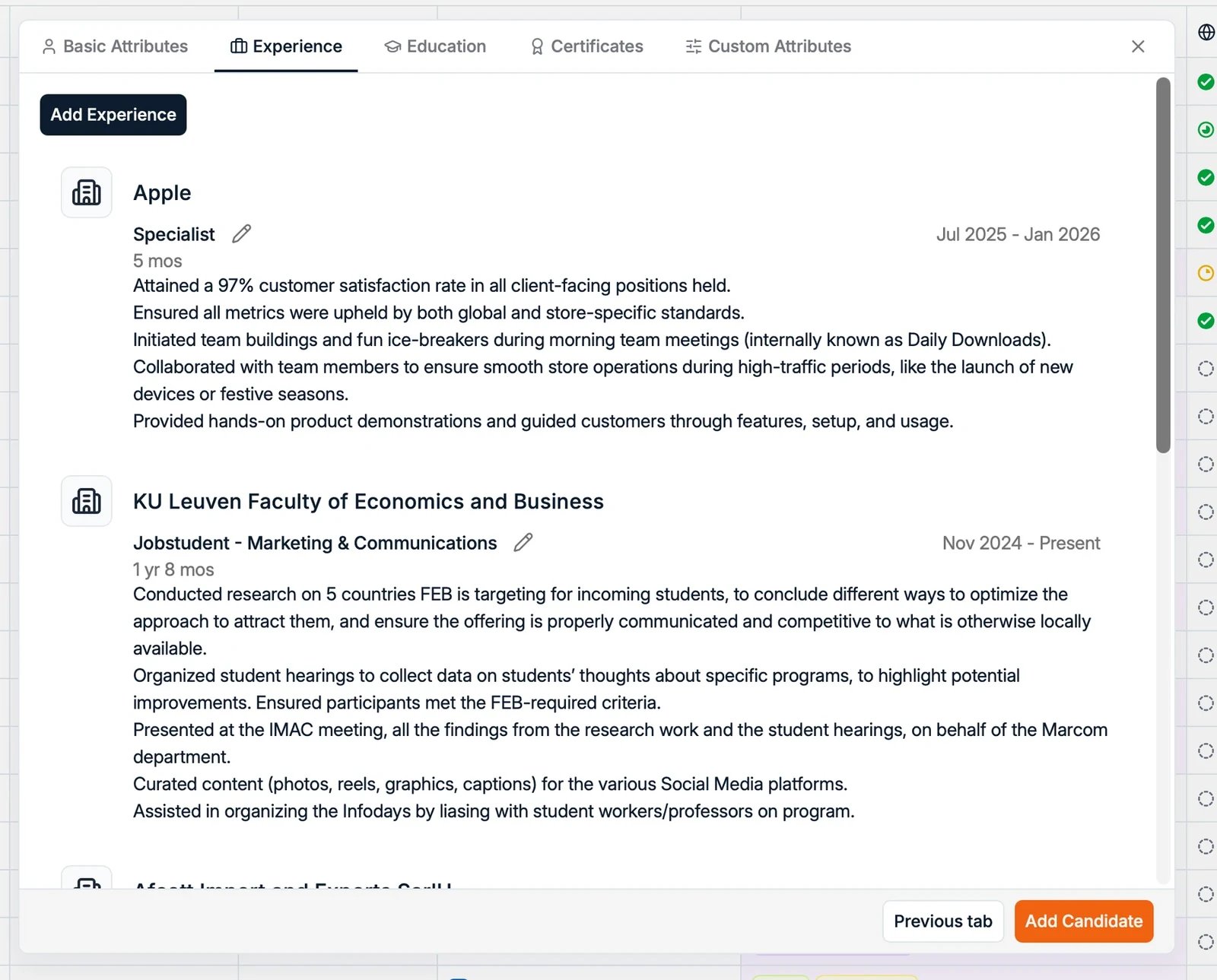 A parsed CV pre-filled in the candidate form