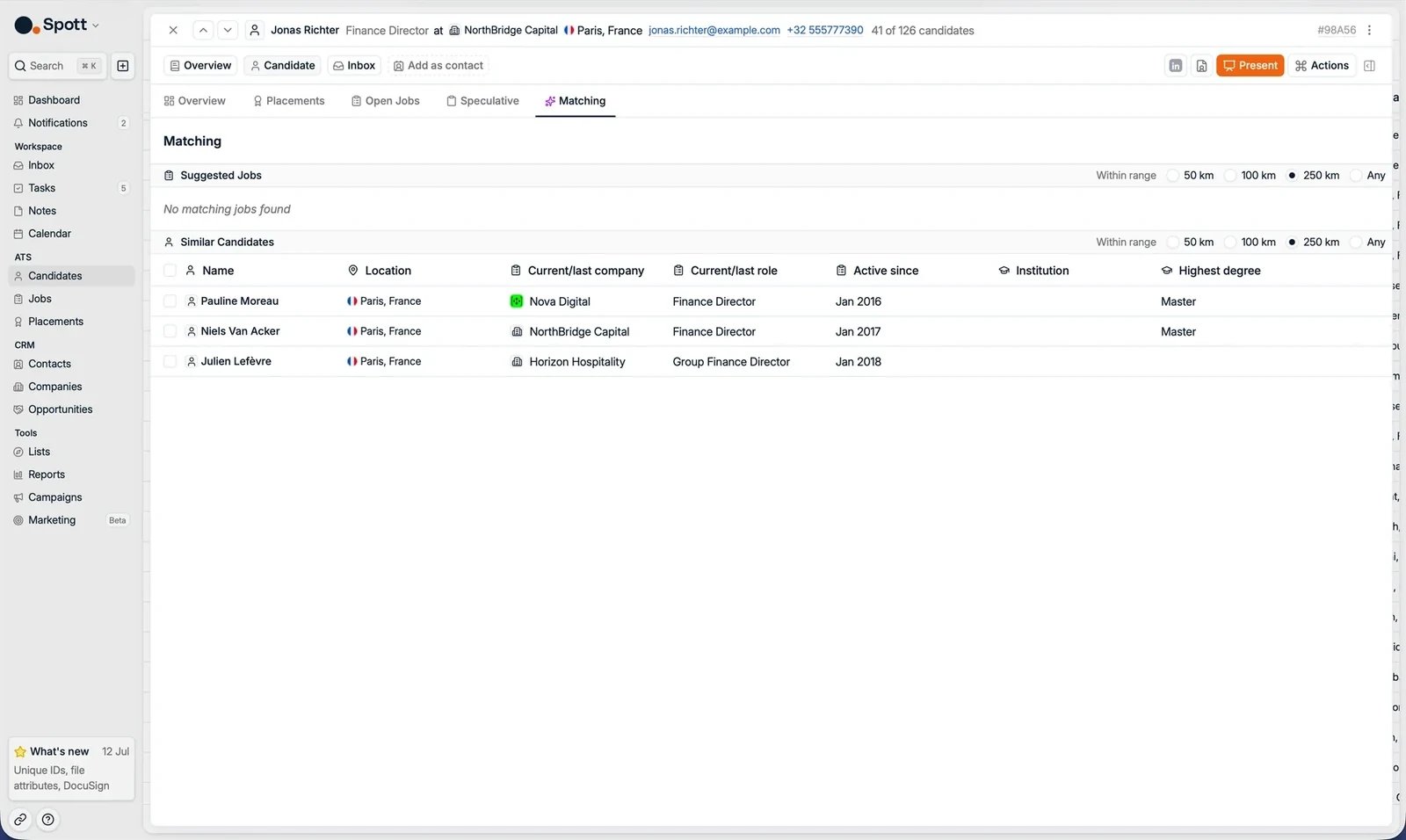 The Matching subtab with suggested jobs and similar candidates