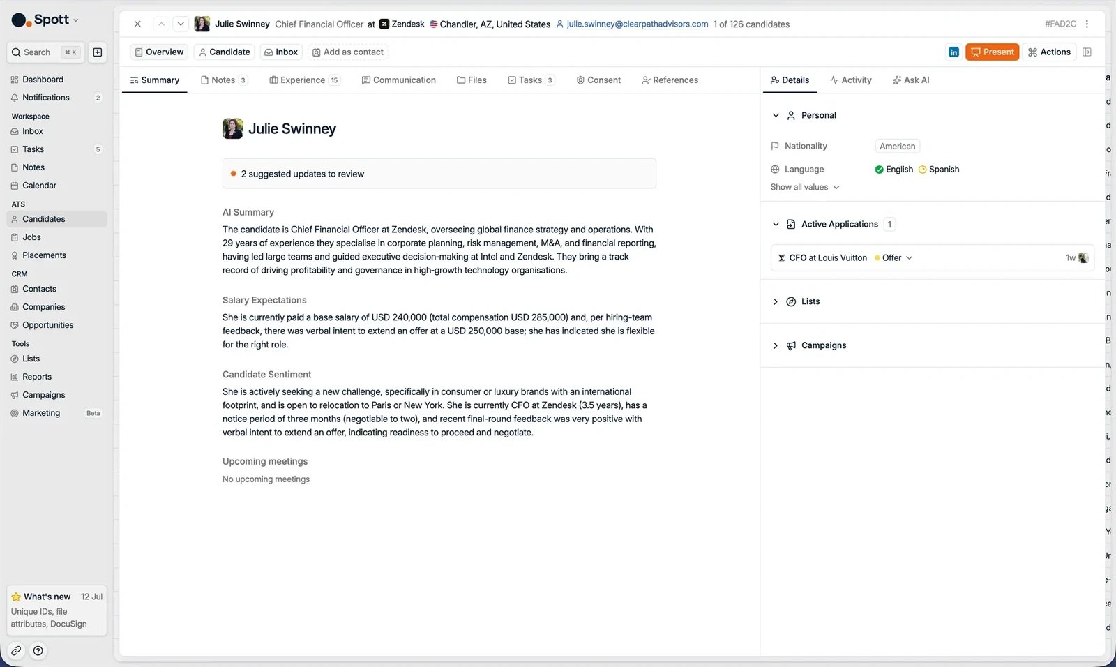 A candidate profile opened on the Summary subtab